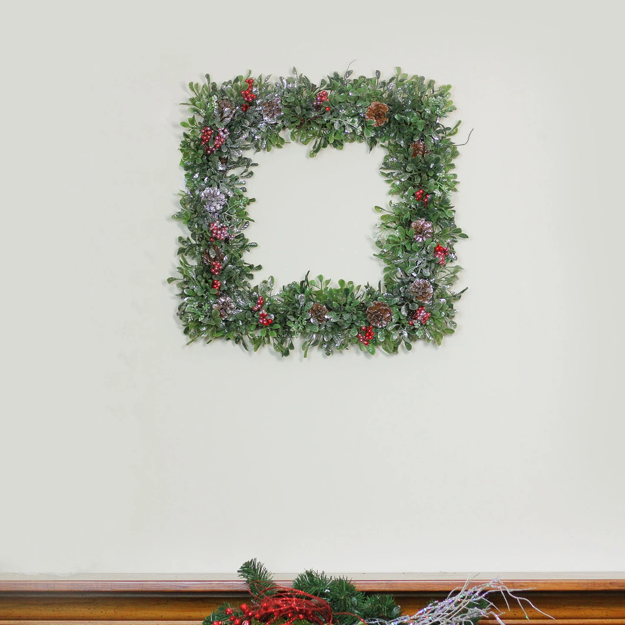 Square Boxwood And Berries Pine Cone Artificial Christmas Wreath 18-Inch, Unlit 3 Square Boxwood And Berries Pine Cone Artificial Christmas Wreath 18-Inch, Unlit - Image 3