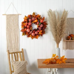 Autumn Harvest Maple Berries And Pinecones Wreath, Orange - 28-Inch -Best Christmas Store 4648 4 58440.1681814335