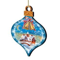 Set Of 2 Winter House Onion Shaped Wooden Christmas Ornaments 5.5"