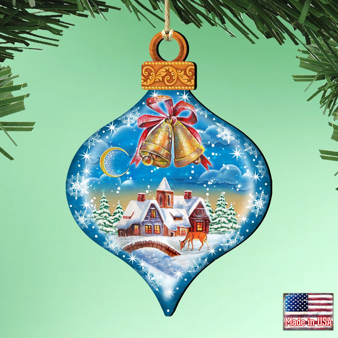 Set Of 2 Winter House Onion Shaped Wooden Christmas Ornaments 5.5" 2 Set Of 2 Winter House Onion Shaped Wooden Christmas Ornaments 5.5" - Image 2