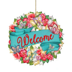 Set Of 2 Butterfly Floral Wreath "Welcome" Wooden ChristmasOrnaments 5.5"