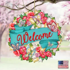 Set Of 2 Butterfly Floral Wreath "Welcome" Wooden ChristmasOrnaments 5.5" -Best Christmas Store 8185316 4 73661.1667549643