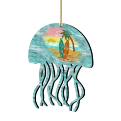 Set Of 2 Coastal Scenic Rustic Jellyfish Wooden Christmas Ornaments 5.5"