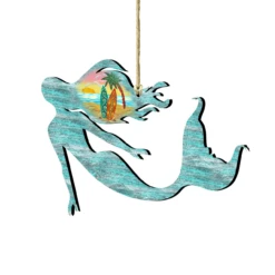 Set Of 2 Mermaid Beach Scene Wooden Christmas Ornaments 5.5"