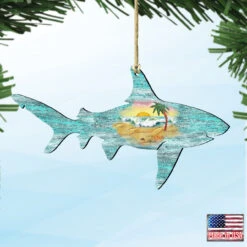 Set Of 2 Shark Beach Scene Wooden Christmas Ornaments 5.5" -Best Christmas Store 8198515 4 12970.1667549673