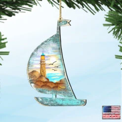 Set Of 2 Boat Lighthouse Beach Scene Wooden Christmas Ornaments 5.5" -Best Christmas Store 8198524 4 60823.1667549686