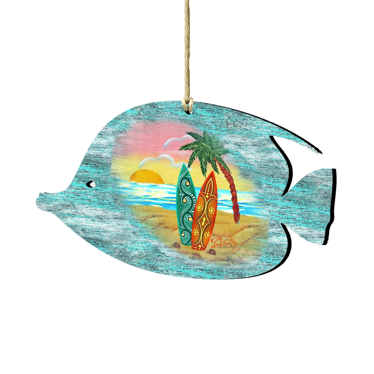 Set Of 2 Fish Beach Scene Wooden Christmas Ornaments 5.5" 1 Set Of 2 Fish Beach Scene Wooden Christmas Ornaments 5.5"