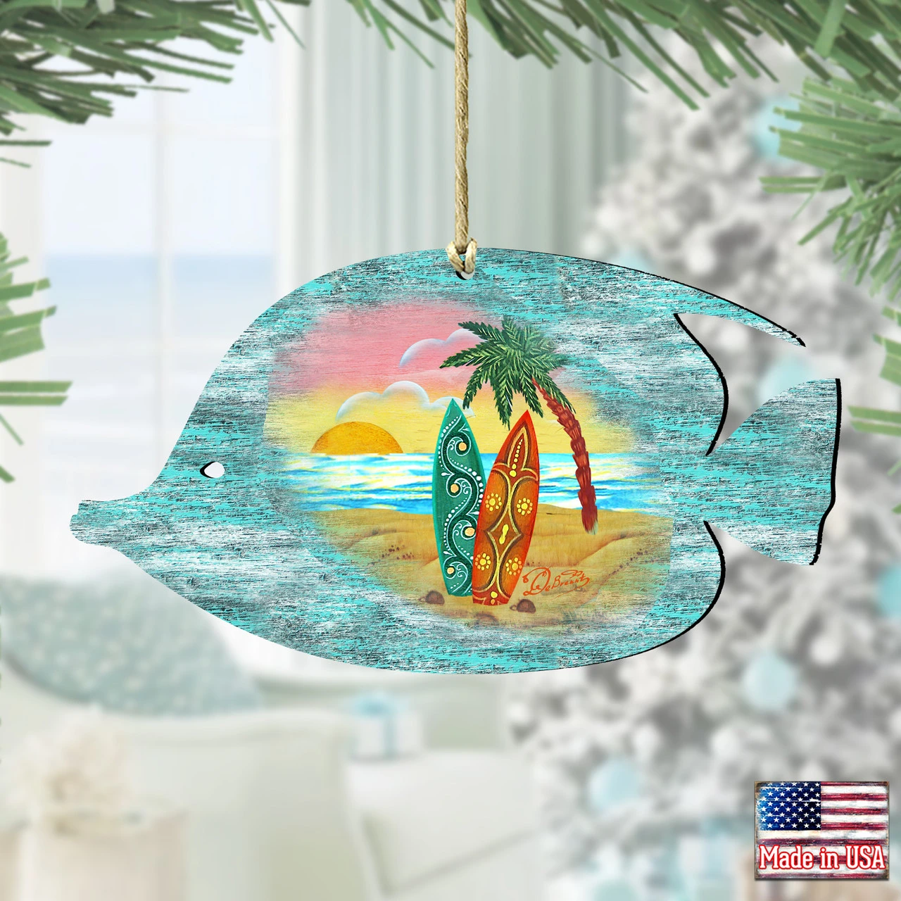 Set Of 2 Fish Beach Scene Wooden Christmas Ornaments 5.5" 2 Set Of 2 Fish Beach Scene Wooden Christmas Ornaments 5.5" - Image 2