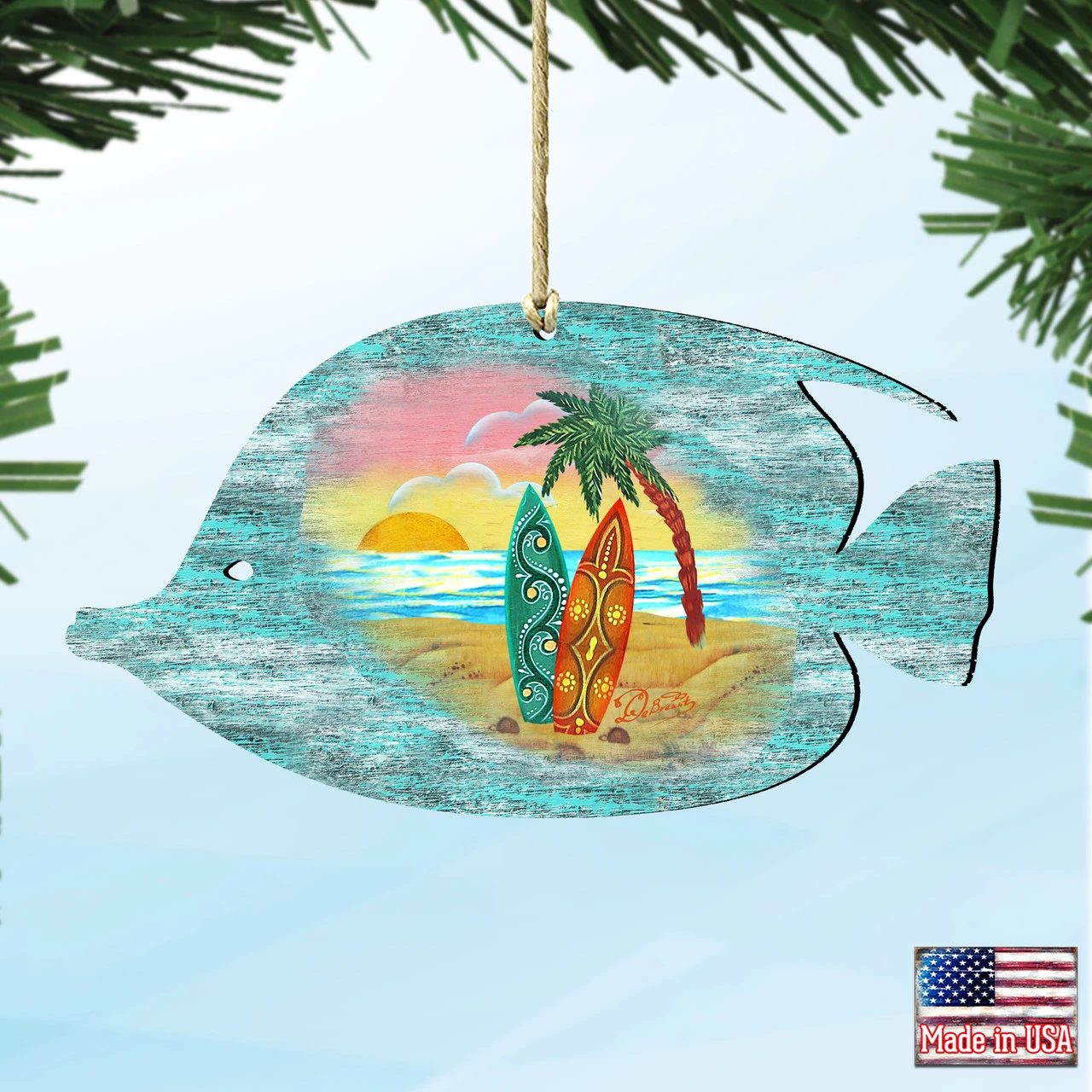 Set Of 2 Fish Beach Scene Wooden Christmas Ornaments 5.5" 4 Set Of 2 Fish Beach Scene Wooden Christmas Ornaments 5.5" - Image 4