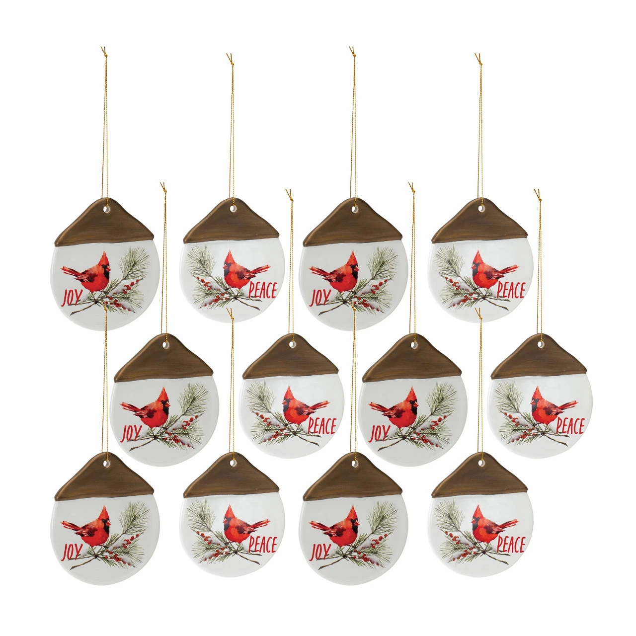 Set Of 12 White And Brown Cardinal Pine "Joy" And "Peace" Christmas Ornament 4.50" 1 Set Of 12 White And Brown Cardinal Pine "Joy" And "Peace" Christmas Ornament 4.50"