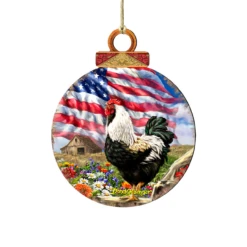 Set Of 2 Rooster American Flag Wooden Christmas Ornaments 5.5"