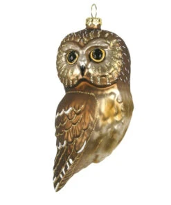 3.5" Bronze Color Northern Saw Whet Owl Hand Blown Glass Hanging Figurine Ornament