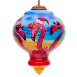 3.75” Pink And Blue Flamingos Hand Painted Mouth Blown Glass Hanging Christmas Ornament