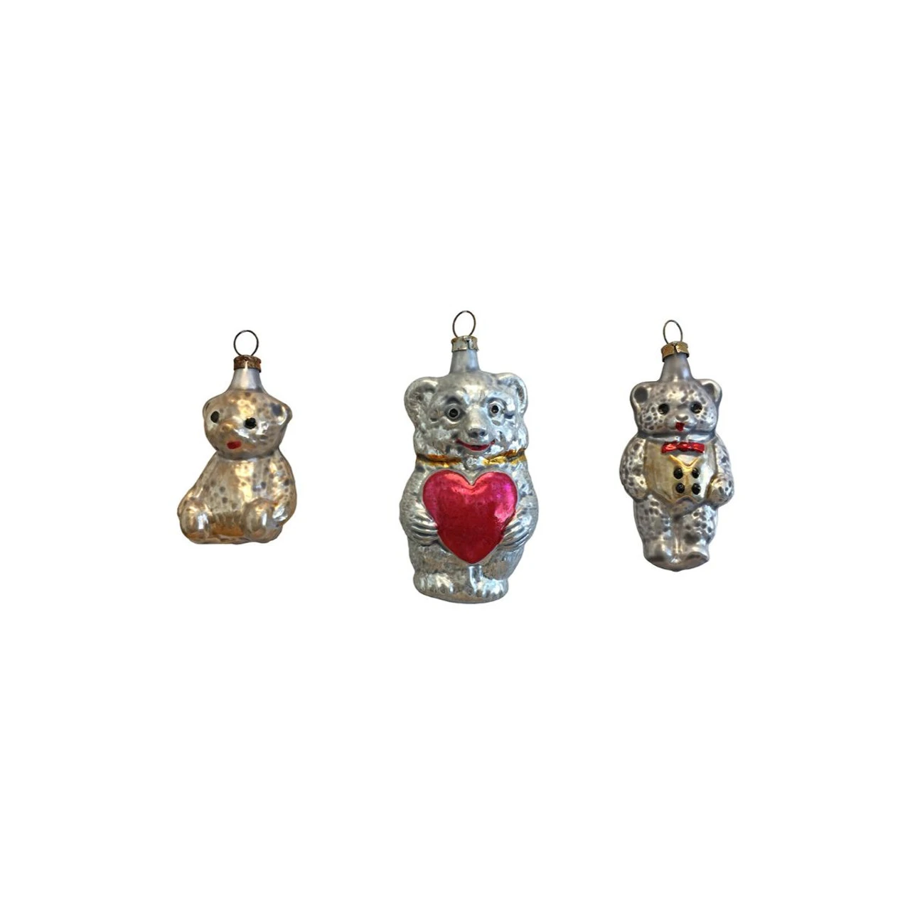 Set Of 3 Silver, Red, And Gold Handcrafted Assorted Glass Bears Nostalgie Ornaments, 2.75" 1 Set Of 3 Silver, Red, And Gold Handcrafted Assorted Glass Bears Nostalgie Ornaments, 2.75"