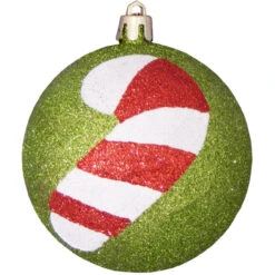 4ct Lime Green And Red Candy Cane Shatterproof Glitter Christmas Ball Ornaments 3.25" (80mm)