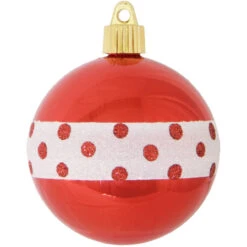4ct Red And White Dotted Band Shatterproof Shiny Christmas Ball Ornaments 3.25" (80mm)