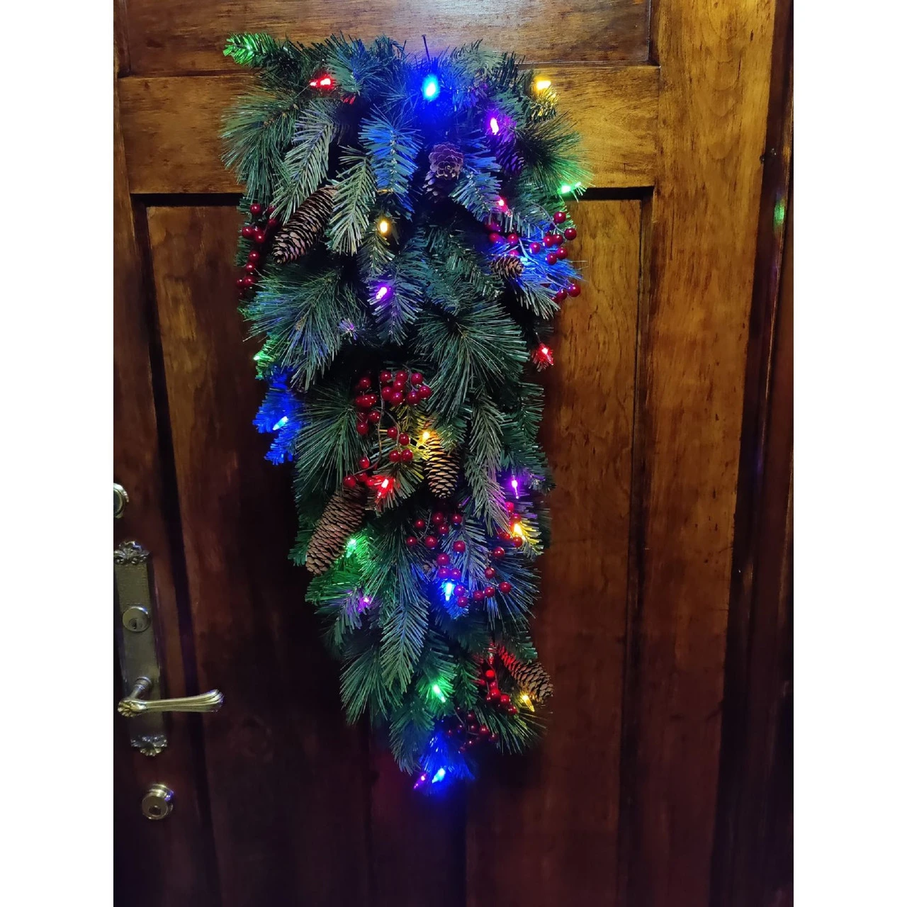 32" Pre-Lit Pine Artificial Christmas Teardrop Swag, Warm White And Multi LED Lights 3 32" Pre-Lit Pine Artificial Christmas Teardrop Swag, Warm White And Multi LED Lights - Image 3