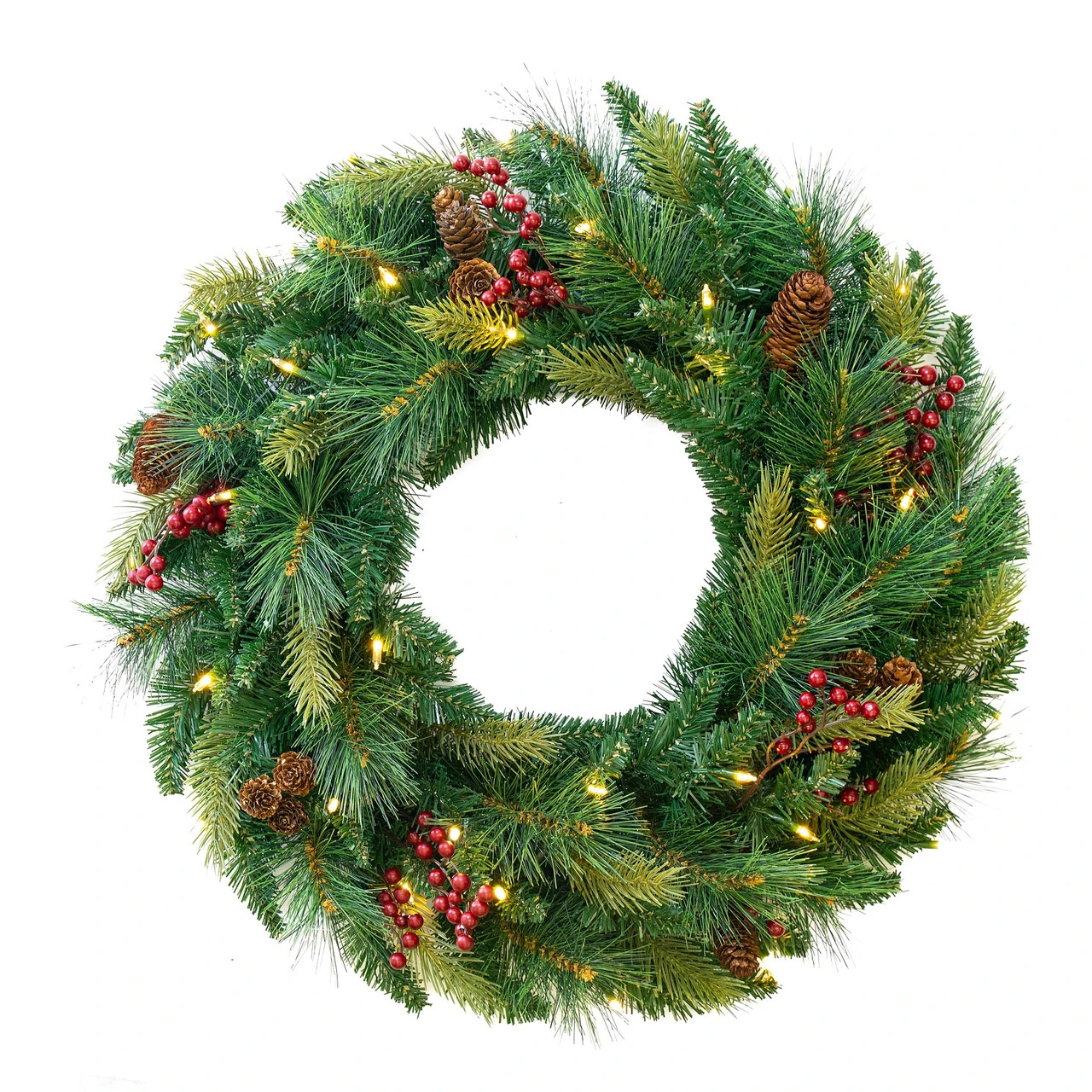 Pre-Lit Pine Artificial Christmas Wreath, 24-Inch, Warm White And Multi LED Lights 1 Pre-Lit Pine Artificial Christmas Wreath, 24-Inch, Warm White And Multi LED Lights