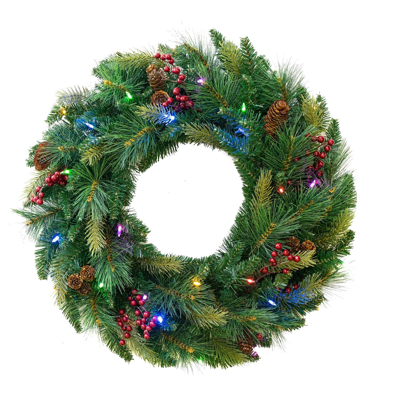 Pre-Lit Pine Artificial Christmas Wreath, 24-Inch, Warm White And Multi LED Lights 4 Pre-Lit Pine Artificial Christmas Wreath, 24-Inch, Warm White And Multi LED Lights - Image 4