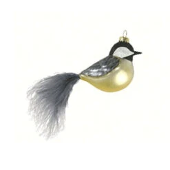 5.63" Gray And Gold Chickadee Bird With Feather Tail Hand Blown Glass Hanging Figurine Ornament