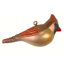 5” Bronze And Red Female Cardinal Hand Blown Glass Hanging Figurine Ornament