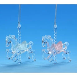 Set Of 8 Clear And Blue Carousel Horse Hanging Christmas Ornaments 9"