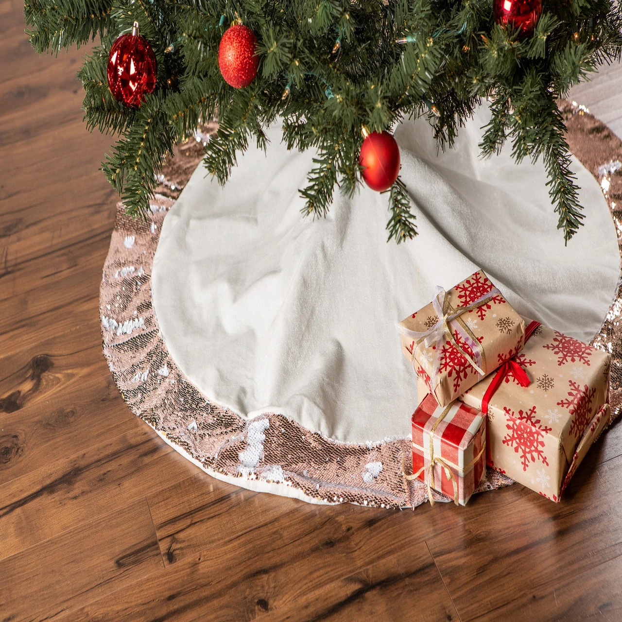 48" Pale Blue Round Christmas Tree Skirt With Champagne Sequin Border 2 48" Pale Blue Round Christmas Tree Skirt With Champagne Sequin Border - Image 2