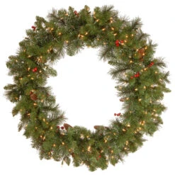 Pre-Lit Spruce Berries And Pine Cones Artificial Christmas Wreath - 36-Inch, Clear Lights