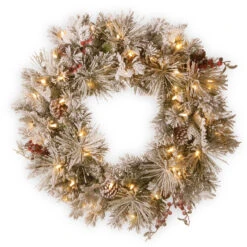 30" Pre-Lit Snowy Bedford Pine Artificial Christmas Wreath - LED Lights With Battery Operated