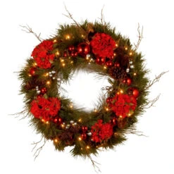 24" Pre-Lit B/O LED Hydrangea Artificial Christmas Wreath – Warm White Lights