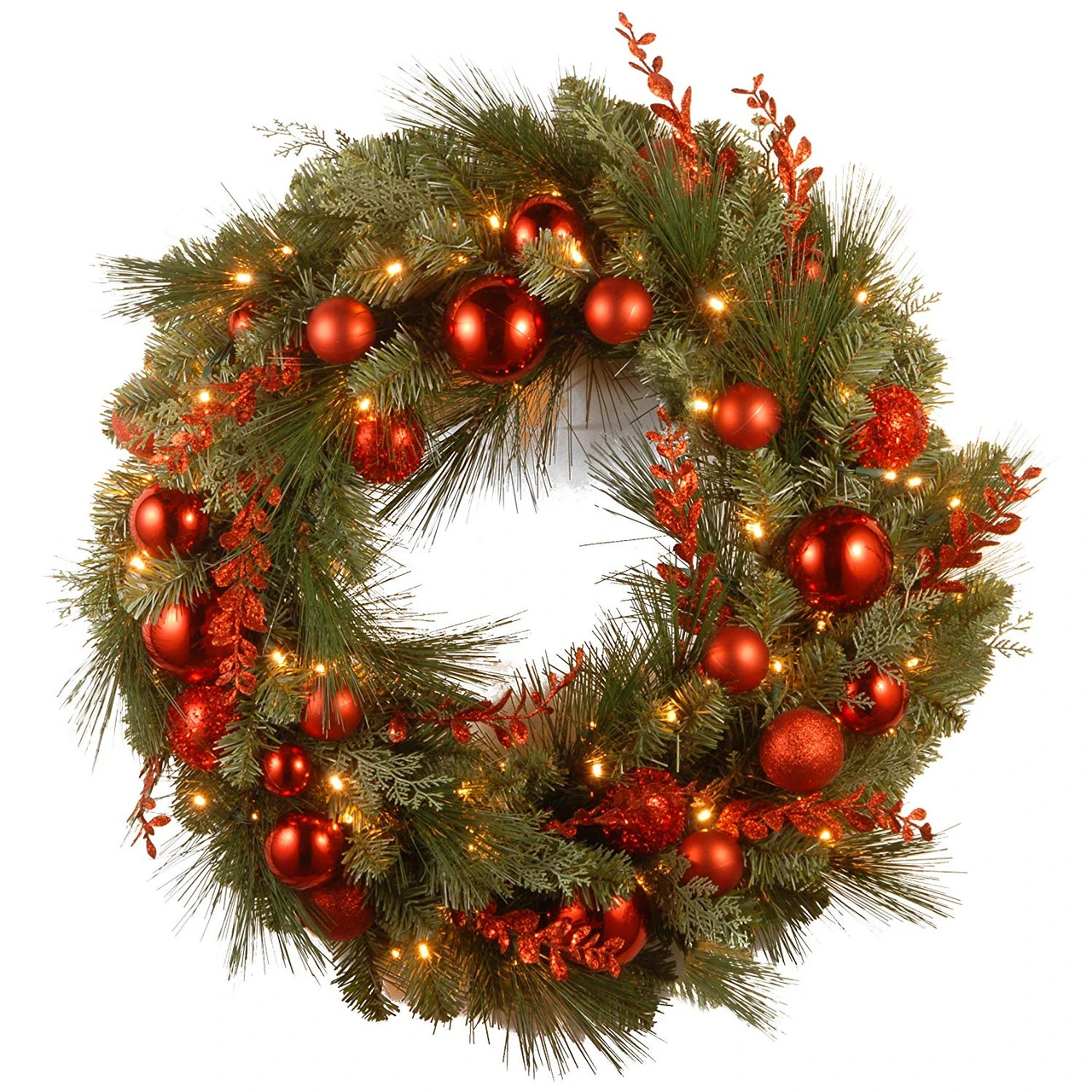 Pre-Lit B/O LED Red Mixed Artificial Christmas Wreath – 24-Inch, Warm White Lights 1 Pre-Lit B/O LED Red Mixed Artificial Christmas Wreath – 24-Inch, Warm White Lights