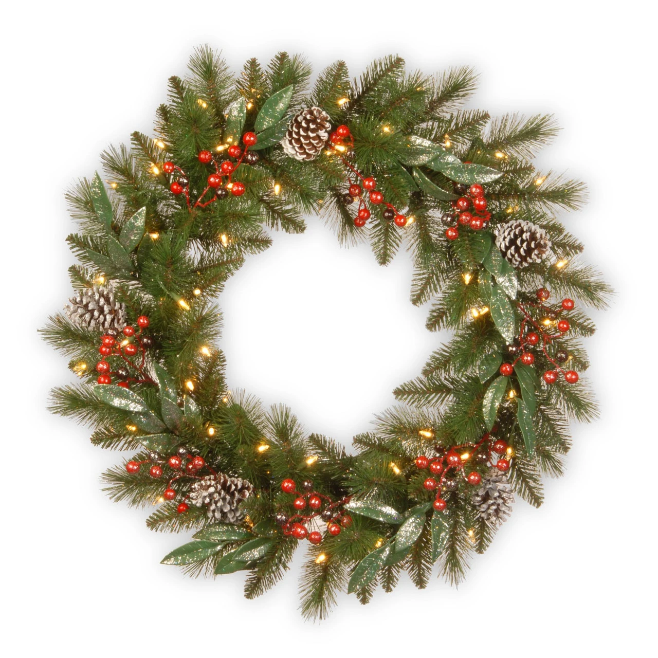 24" Pre-Lit Frosted Pine Berry Artificial Christmas Wreath -LED Lights Battery Operated 1 24" Pre-Lit Frosted Pine Berry Artificial Christmas Wreath -LED Lights Battery Operated