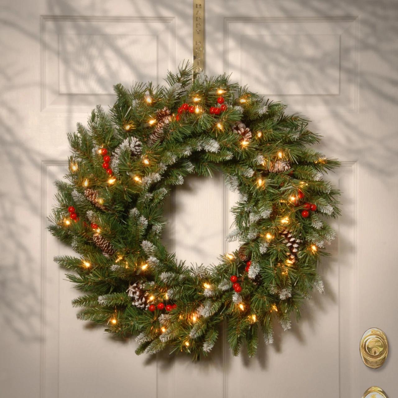 24” Frosted Berry Christmas Wreath - Clear Lights 2 24” Frosted Berry Christmas Wreath - Clear Lights - Image 2