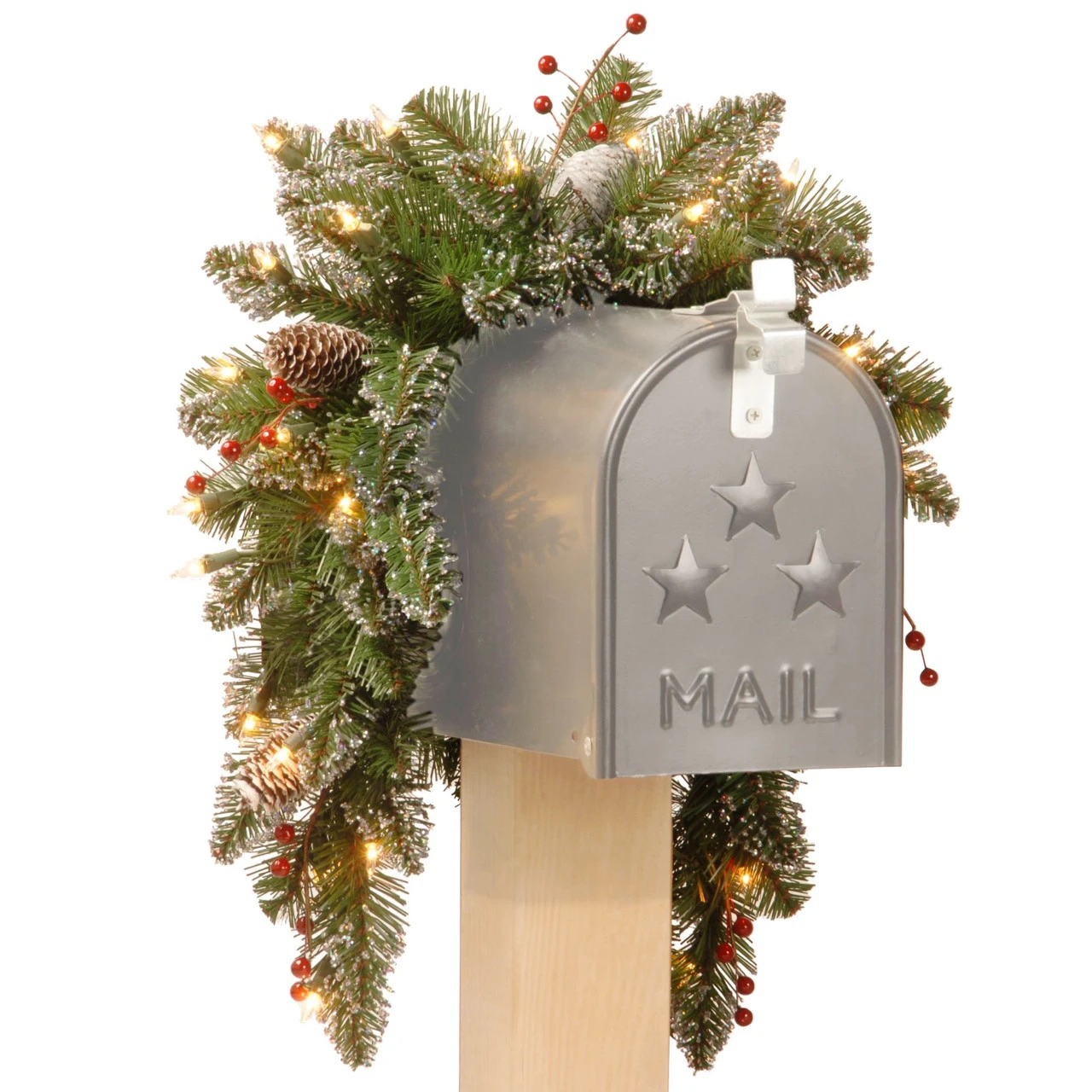3' Glittery Mountain Spruce Mailbox Swag With White Edged Cones, Red Berries And 35 Warm White Battery Operated LEDs 1 3' Glittery Mountain Spruce Mailbox Swag With White Edged Cones, Red Berries And 35 Warm White Battery Operated LEDs