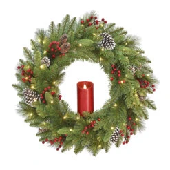 24” Pre-Lit Bristle Berry Christmas Wreath With Single Candle – LED Lights