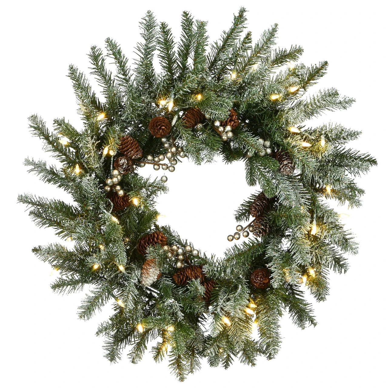 Pre-Lit Snowy Morgan Spruce Artificial Christmas Wreath, 24-Inch, Warm White LED Lights 1 Pre-Lit Snowy Morgan Spruce Artificial Christmas Wreath, 24-Inch, Warm White LED Lights