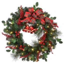 Pre-Lit LED Plaid Bow With Bells Artificial Christmas Wreath - 30-Inch, Warm White Lights