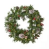24" Mixed Spruce Christmas Wreath W/50 Warm White LED Lights, Frosted Branches, Red Berries And Pine