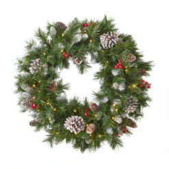 24" Mixed Spruce Christmas Wreath W/50 Warm White LED Lights, Frosted Branches, Red Berries And Pine