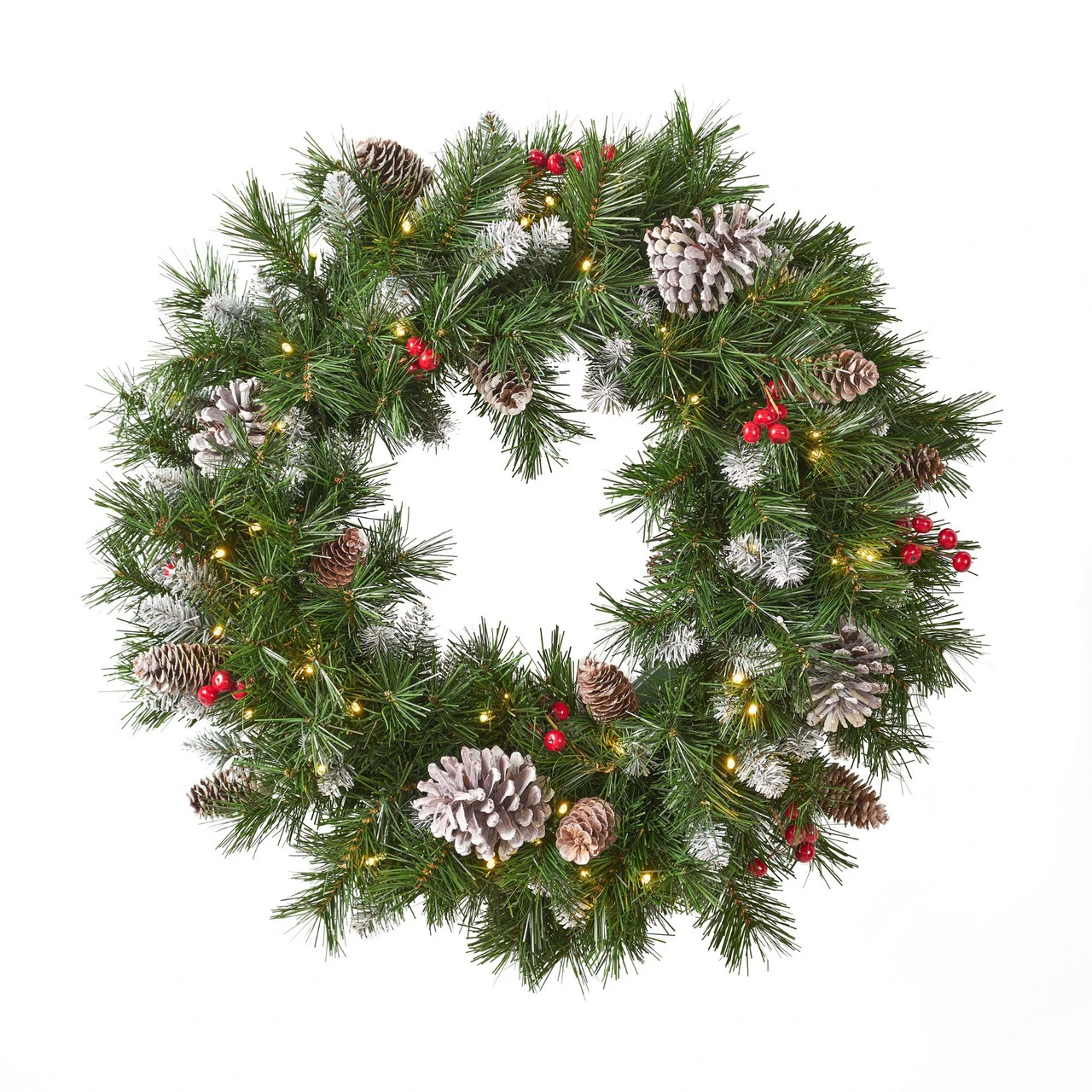 24" Mixed Spruce Christmas Wreath W/50 Warm White LED Lights, Frosted Branches, Red Berries And Pine 1 24" Mixed Spruce Christmas Wreath W/50 Warm White LED Lights, Frosted Branches, Red Berries And Pine