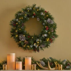 24" Mixed Spruce Christmas Wreath W/50 Warm White LED Lights, Frosted Branches, Red Berries And Pine 10 24" Mixed Spruce Christmas Wreath W/50 Warm White LED Lights, Frosted Branches, Red Berries And Pine -Best Christmas Store dnhhf 307396 4 42679.1667576781