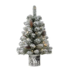 2' Pre-Lit Flocked Table Top Artificial Christmas Tree In Metal Pot, Warm White Lights
