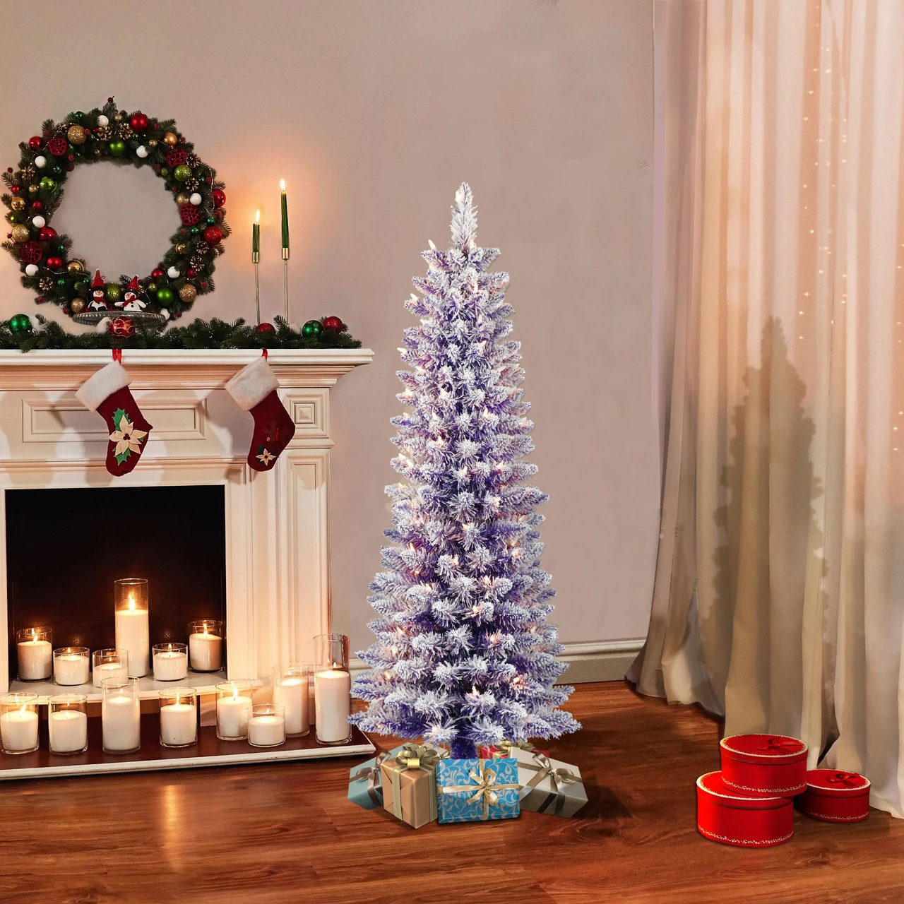 4.5' Pre-Lit Pencil Flocked Purple Artificial Christmas Tree, Clear Lights 2 4.5' Pre-Lit Pencil Flocked Purple Artificial Christmas Tree, Clear Lights - Image 2