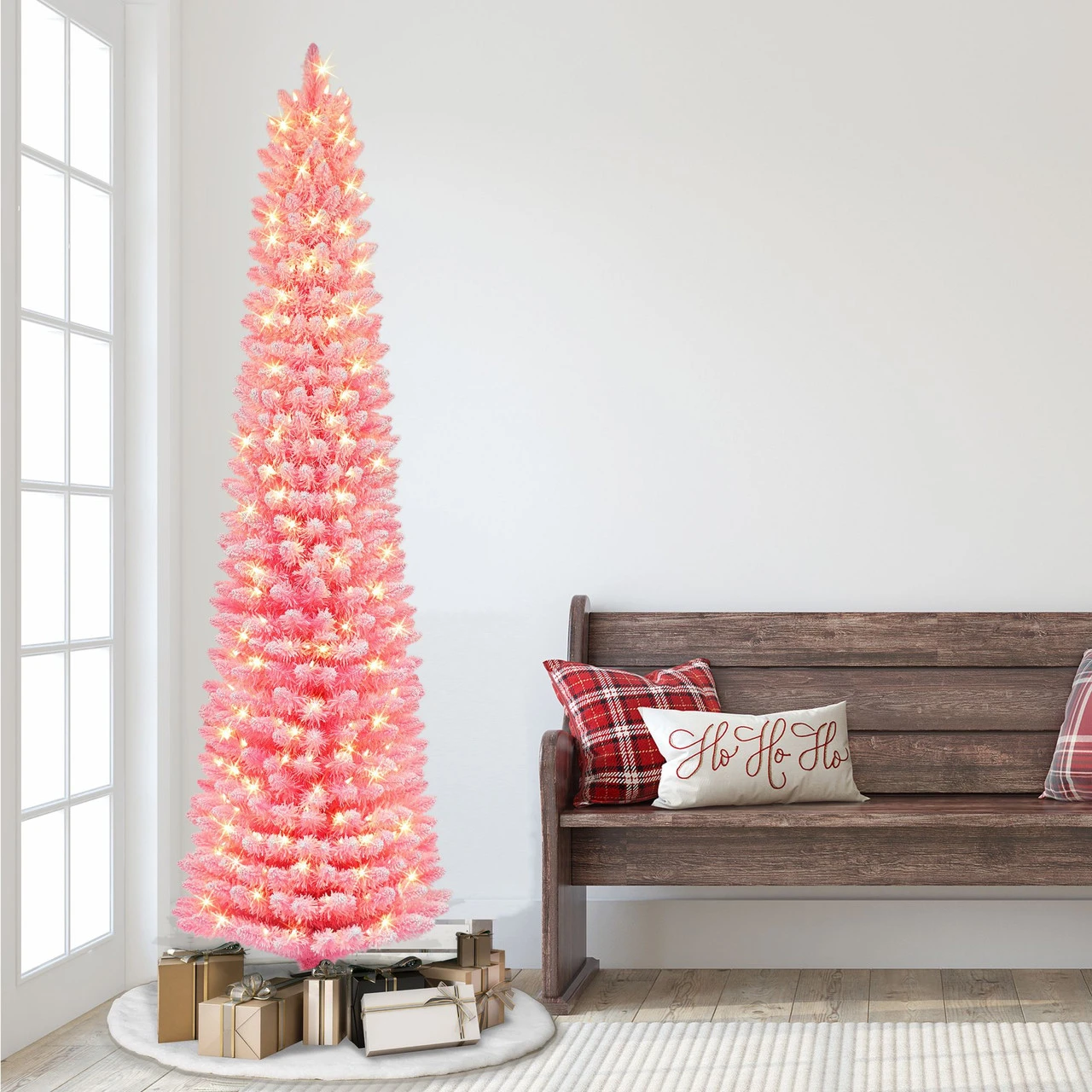7.5' Pre-lit Flocked Fashion Pink Pencil Artificial Christmas Tree, Clear Lights 2 7.5' Pre-lit Flocked Fashion Pink Pencil Artificial Christmas Tree, Clear Lights - Image 2