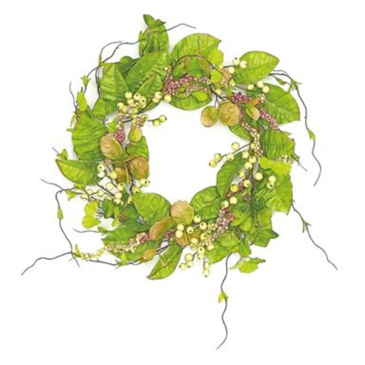 Mixed Foliages With Berries Artificial Spring Floral Wreath, Green And Pink 24-Inch 1 Mixed Foliages With Berries Artificial Spring Floral Wreath, Green And Pink 24-Inch