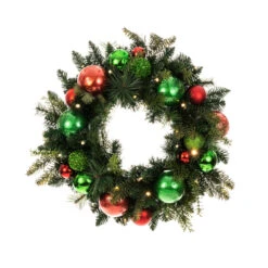 Pre-Lit Red And Green Artificial Christmas Cheer Wreath, 24-Inch, Clear LED Lights -Best Christmas Store dvlc20v 20707 lt 3 51618.1667385751