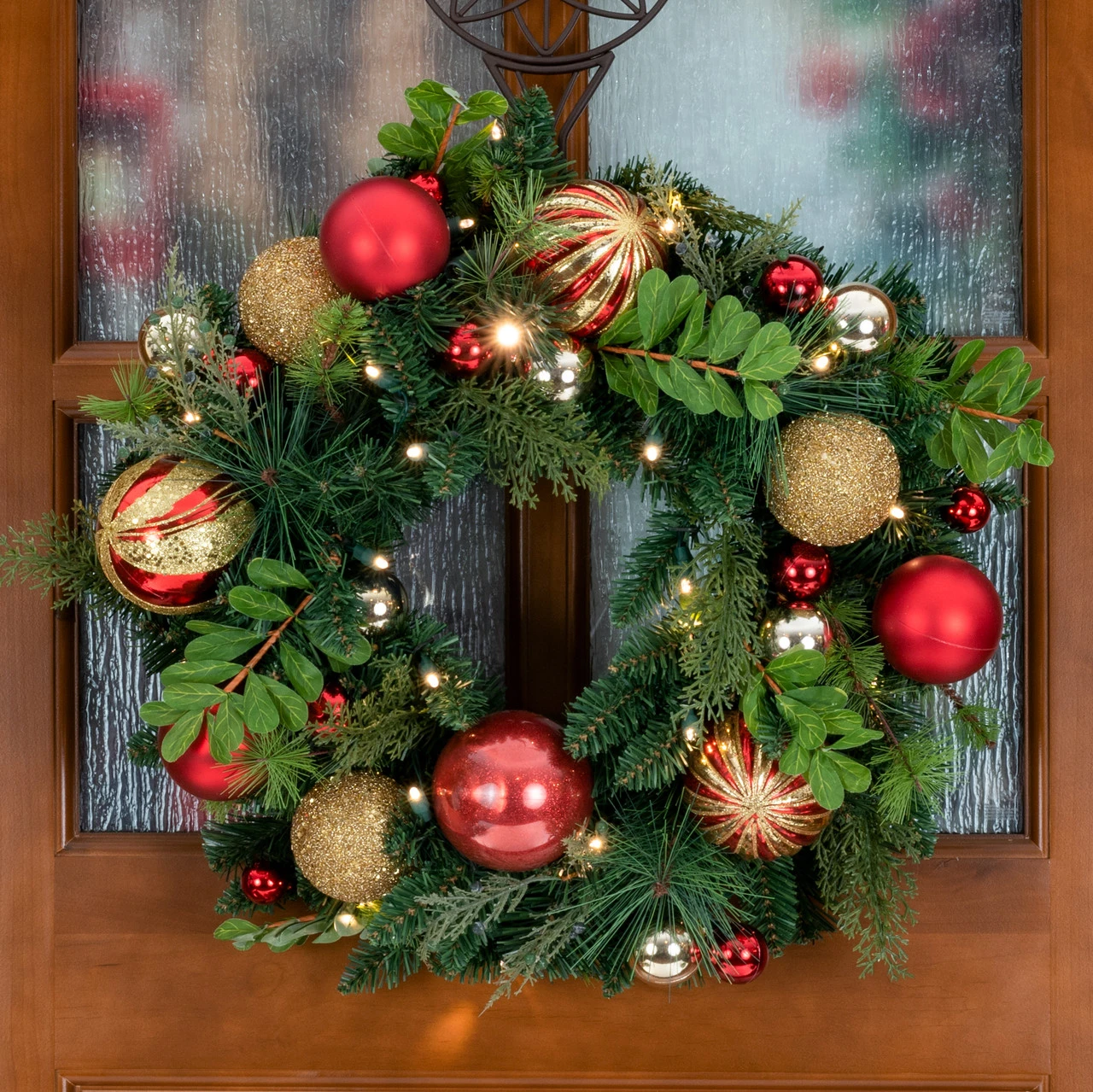 Pre-Lit Red And Green Artificial Classic Christmas Wreath, 24-Inch, Clear LED Lights 2 Pre-Lit Red And Green Artificial Classic Christmas Wreath, 24-Inch, Clear LED Lights - Image 2