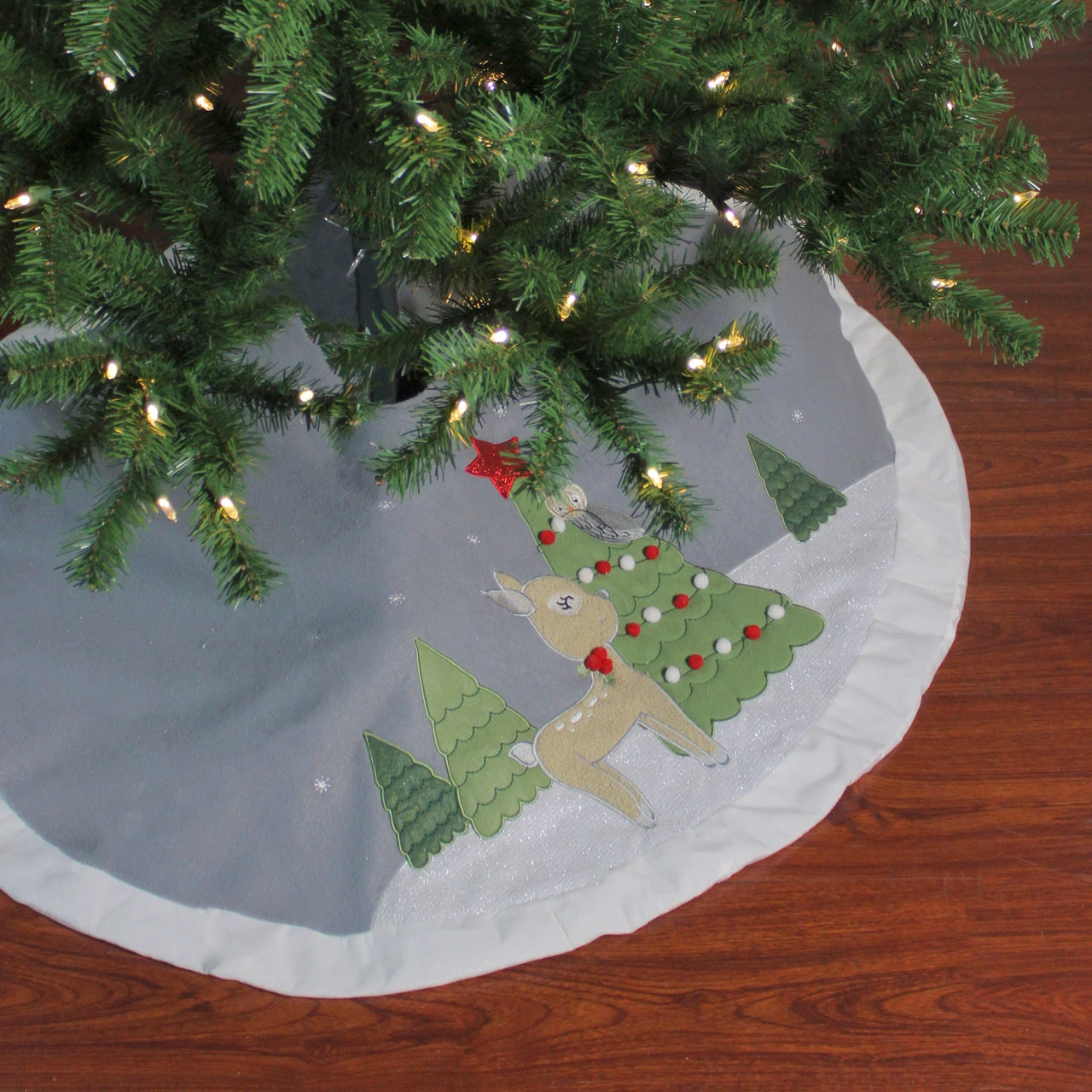 48" Gray And White Deer With Owl Christmas Tree Skirt 2 48" Gray And White Deer With Owl Christmas Tree Skirt - Image 2