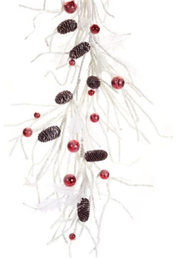 Set Of 2 White Snowy Ornament Garland With Pine Cones And Red Holly 67”
