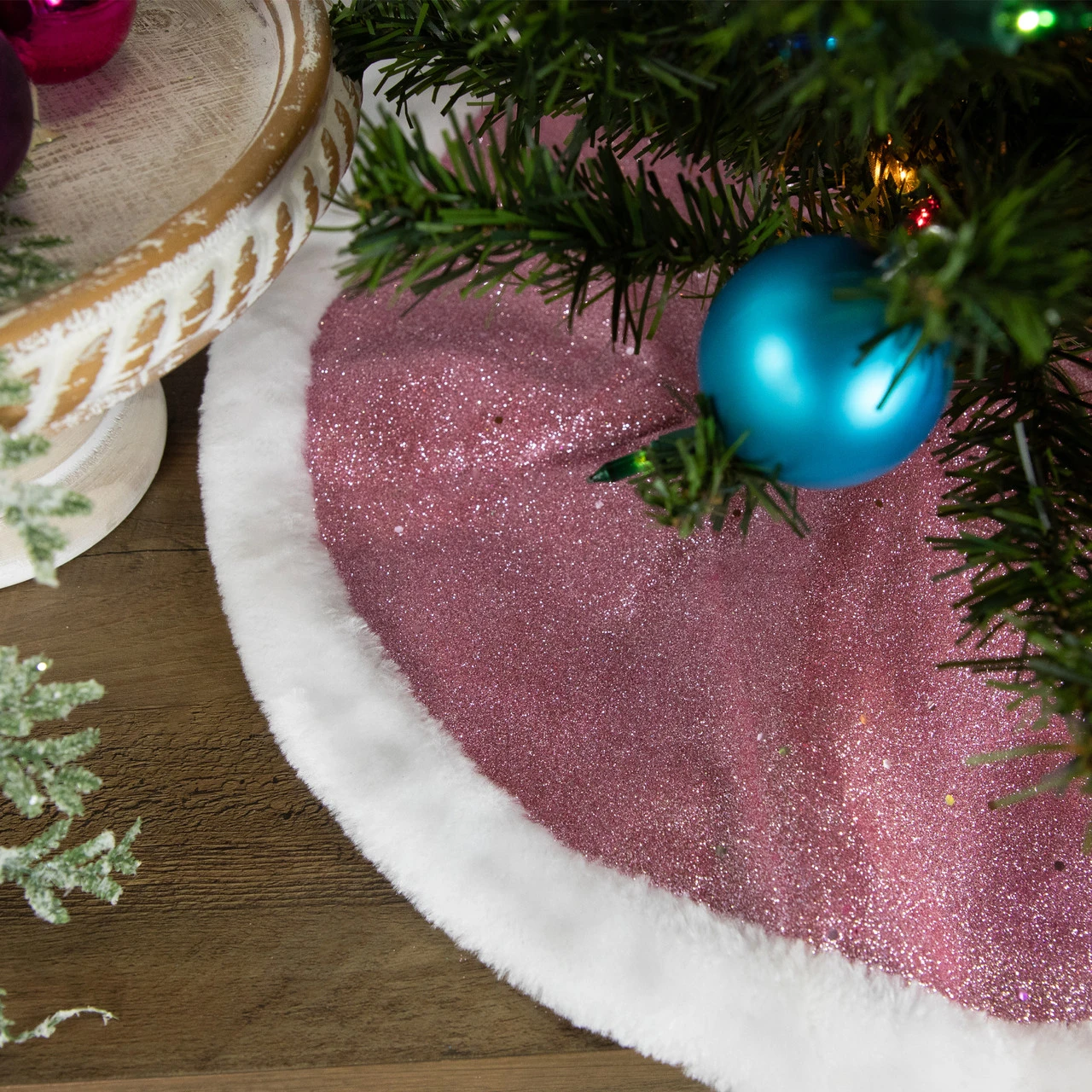 20" Pink Glittered Mini Christmas Tree Skirt With White Fur Trim 3 20" Pink Glittered Mini Christmas Tree Skirt With White Fur Trim - Image 3